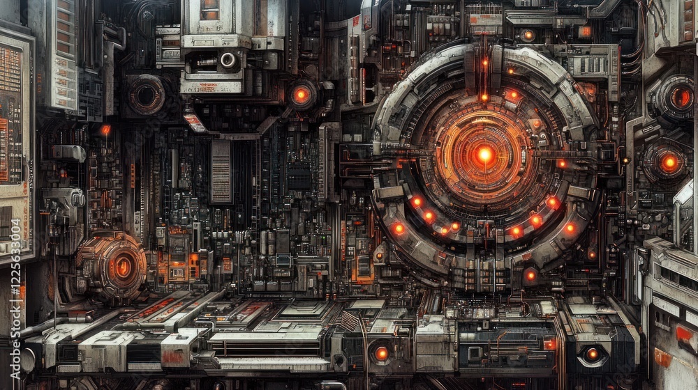 Futuristic technological interface with glowing orange lights and complex circuitry. Futuristic technological interface with glowing orange lights and complex circuitry.