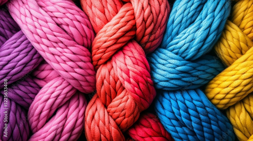 A colorful bundle of yarn with a red, blue, and yellow strand A colorful bundle of yarn with a red, blue, and yellow strand