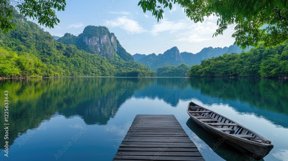 A wooden pier stretches over crystal-clear water, framed by vibrant green trees and majestic mountains under a bright blue sky, creating a peaceful escape in nature