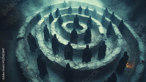 A group of people are walking through a maze