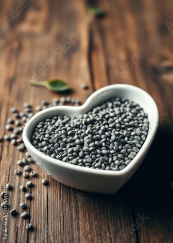 Heart-shaped ceramic bowl, black lentils, rustic wooden table, scattered legumes, green leaves, earthy tones, macro photography, soft natural lighting, culinary still life, textured wood grain, organi photo