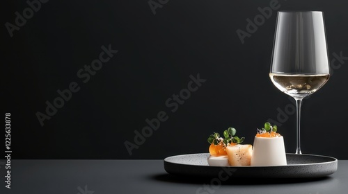 Plate with glass of wine and gourmet food in upscale dining setting