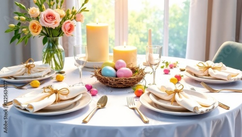 Wallpaper Mural Festively decorated table for Easter in pastel colors: Easter eggs, dishes, tablecloth, delicate flowers in a vase, napkins folded in the shape of Easter bunny ears Torontodigital.ca
