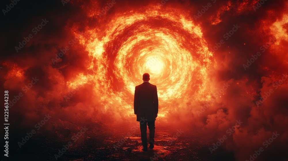 Fototapeta premium A man stands in front of a fiery tunnel