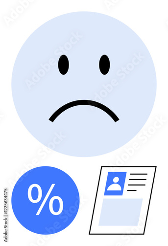 Frowning face alongside low percentage sign and document suggest disappointment or rejection. Ideal for themes thumbs up failure, job rejection, low approval, dissatisfaction, feedback, emotions