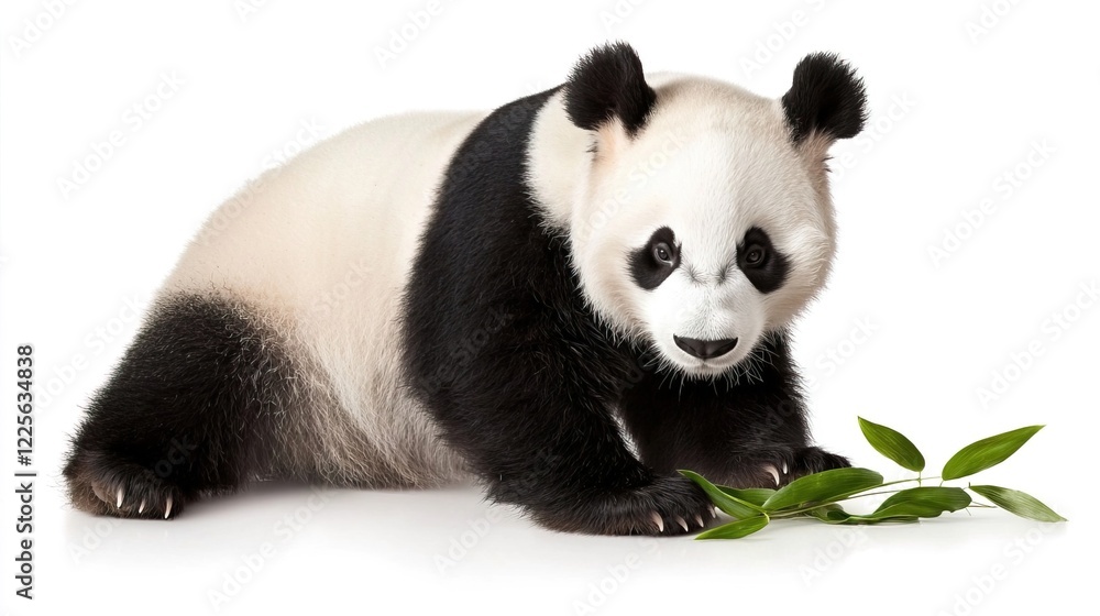 Adorable Giant Panda Sitting with Green Bamboo Leaves on White Background Adorable Giant Panda Sitting with Green Bamboo Leaves on White Background