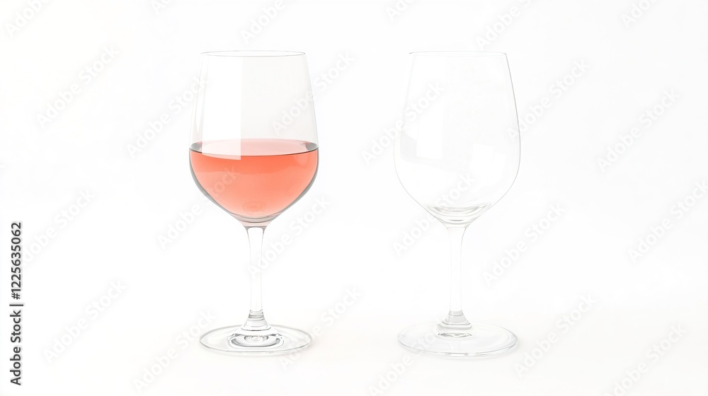 Elegant Wine Glass with Rosé and Empty Glass on White Background Elegant Wine Glass with Rosé and Empty Glass on White Background