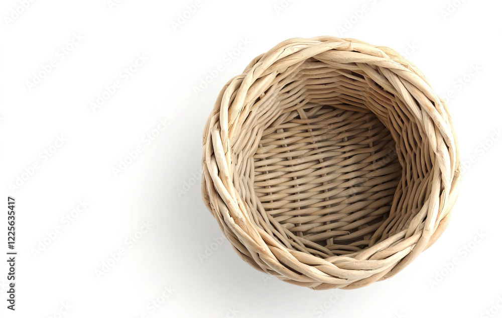 Empty Woven Basket for Storage on White Background, Top View Empty Woven Basket for Storage on White Background, Top View