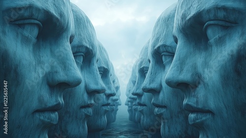 A row of stone faces are lined up in a row