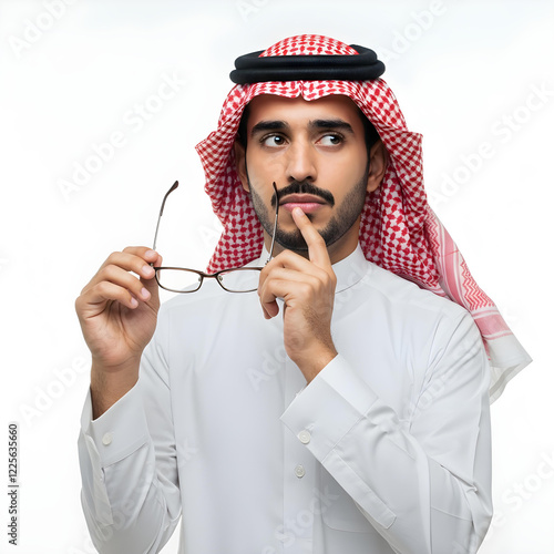 Saudi Man Holding Glasses in His Hand, Deep in Thought in Front of White Background