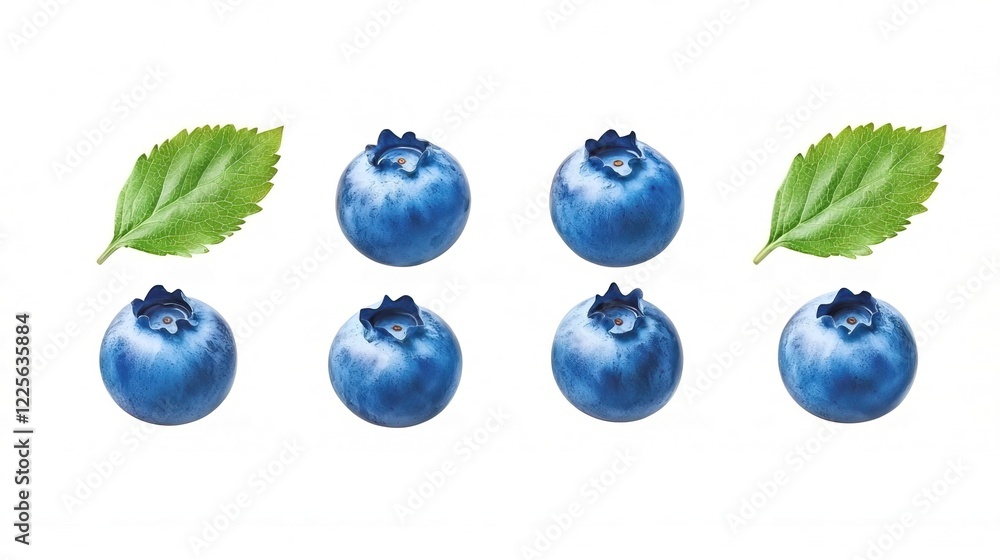 Fresh Blueberries and Green Leaves on White Background