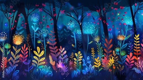 Digital Illustration of a Mystical Forest with Glowing Bioluminescent Flora Creating a Magical, Enchanting Scene