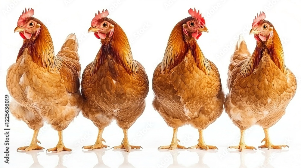 Fototapeta premium Four Brown Chickens Standing Side by Side on White Background