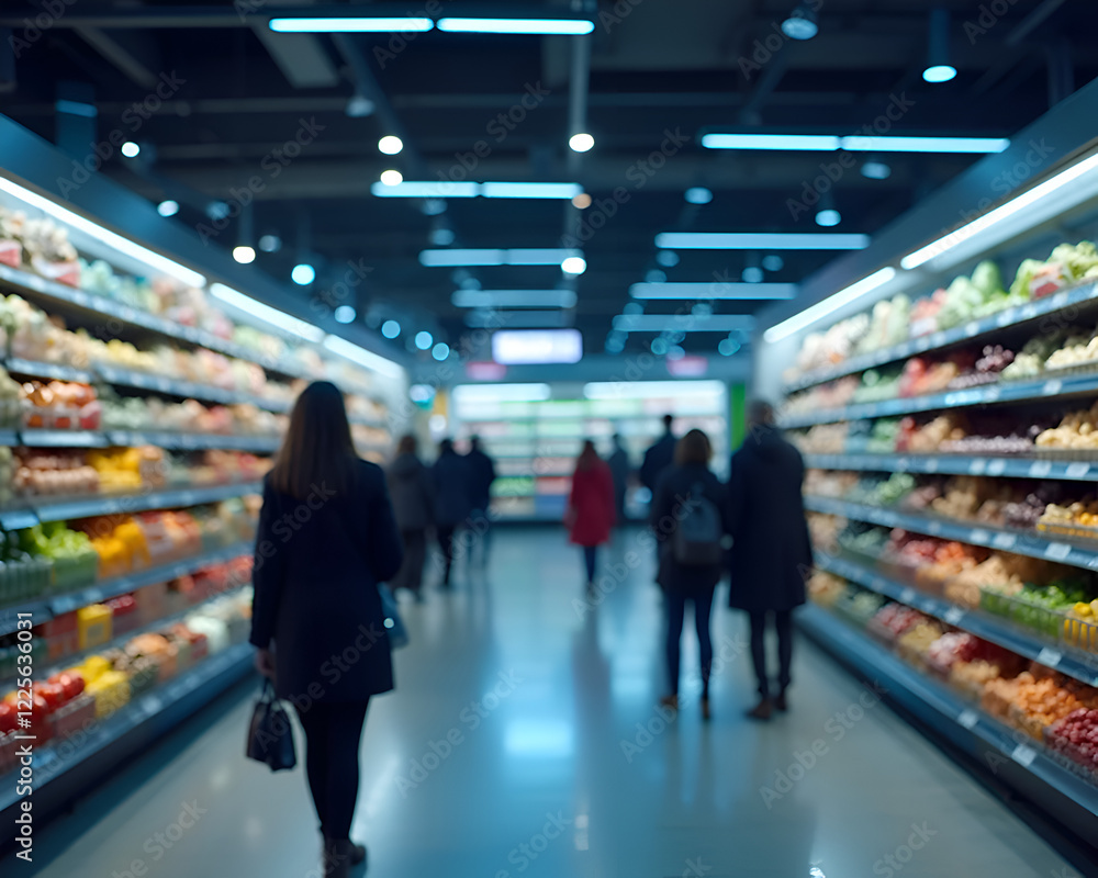 Obraz premium Supermarket Aisle with Shoppers Under Bright Lights and Fully Stocked Shelves of Fresh Fruits and Vegetables