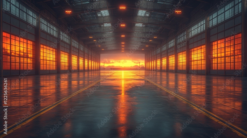 A large, empty warehouse with a yellow sun in the background A large, empty warehouse with a yellow sun in the background