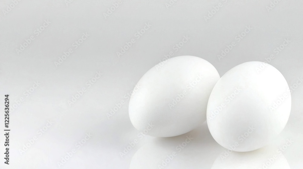 Two Fresh White Eggs on a Minimalist Gray Surface with Reflection Two Fresh White Eggs on a Minimalist Gray Surface with Reflection