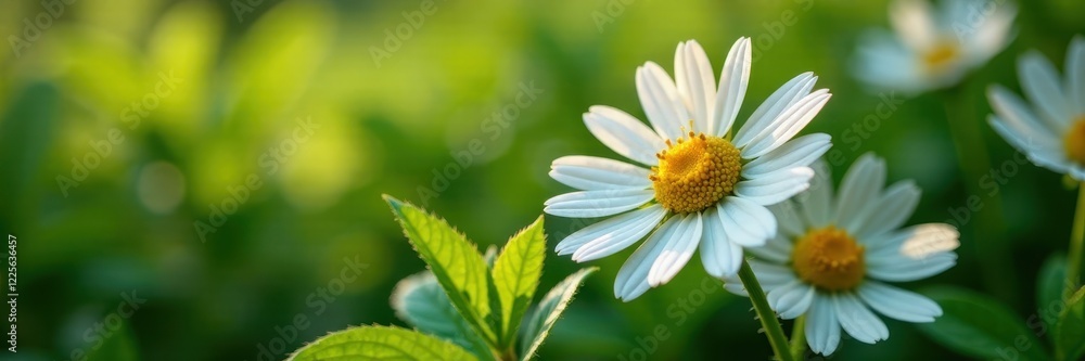 Close-up of chamomile blossoms amidst vibrant leaves , bloom, yellow, white Close-up of chamomile blossoms amidst vibrant leaves , bloom, yellow, white