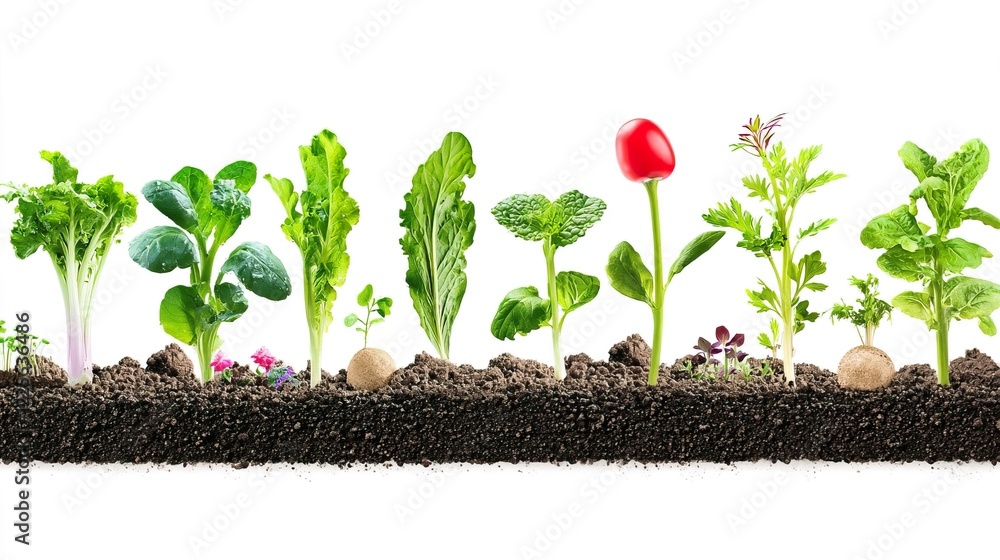Fresh Vegetables and Herbs Growing in Rich Soil with Natural Light Fresh Vegetables and Herbs Growing in Rich Soil with Natural Light