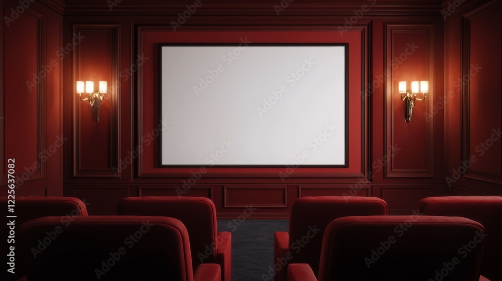 Fototapeta premium A cozy, luxurious movie theater interior featuring red seating, a blank screen, and elegant wall sconces, perfect for an intimate viewing experience.