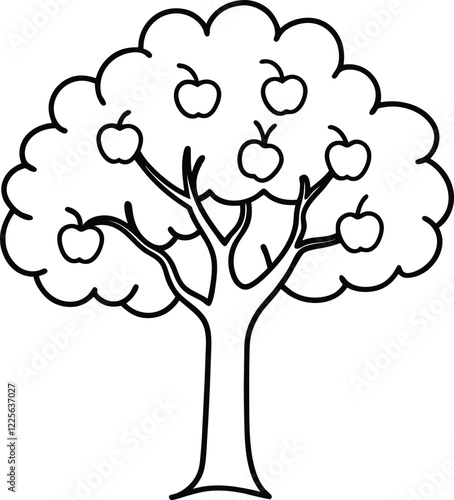 Apple tree with apple line art vector illustration.