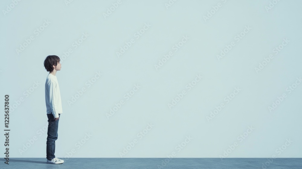 Boy standing profile view against a blank wall. Boy standing profile view against a blank wall.