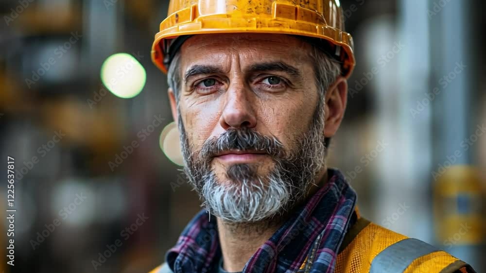Steelworker Portrait: A close-up portrait of a mature male steelworker, his face etched with the experience and determination of a life dedicated to his craft, his gaze intense and unwavering. Steelworker Portrait: A close-up portrait of a mature male steelworker, his face etched with the experience and determination of a life dedicated to his craft, his gaze intense and unwavering.