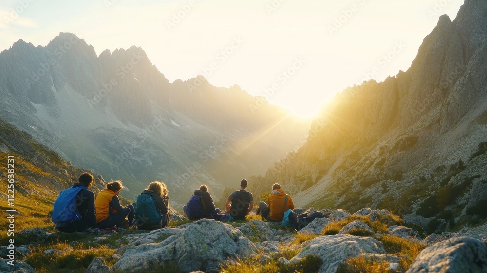 Fototapeta premium Hikers watching sunset in mountain valley