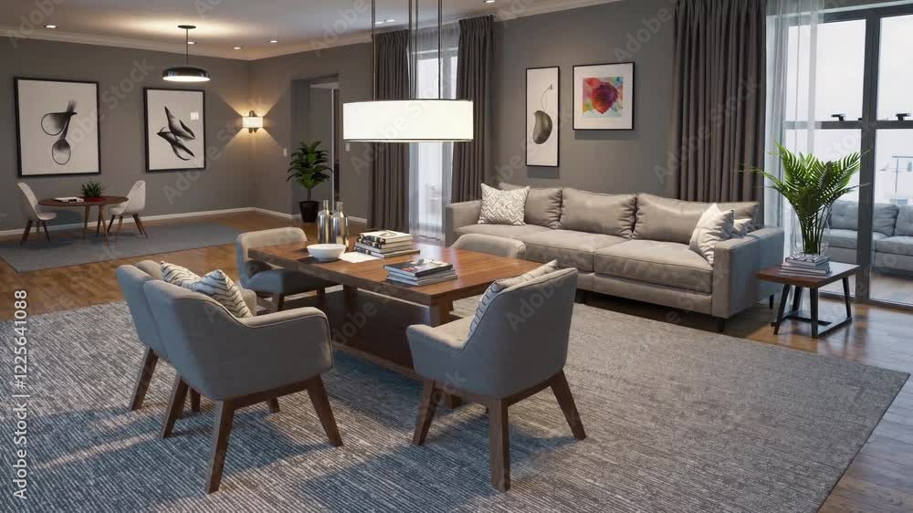 A photorealistic 3D animation rendering of a modern apartment interior, seamlessly combining a dining room, living room, and hall into a cohesive open-plan design. A photorealistic 3D animation rendering of a modern apartment interior, seamlessly combining a dining room, living room, and hall into a cohesive open-plan design.