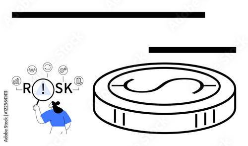 Woman examining Risk using magnifying glass, surrounded by icons such as globe and gears, beside a coin with dollar sign. Ideal for finance, investment, risk management, data analysis
