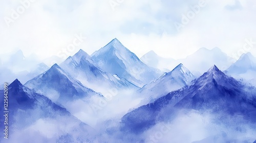 Wallpaper Mural delicate watercolor rendering of majestic mountain peaks shrouded in morning mist, painted in soft blues and lavender hues Torontodigital.ca