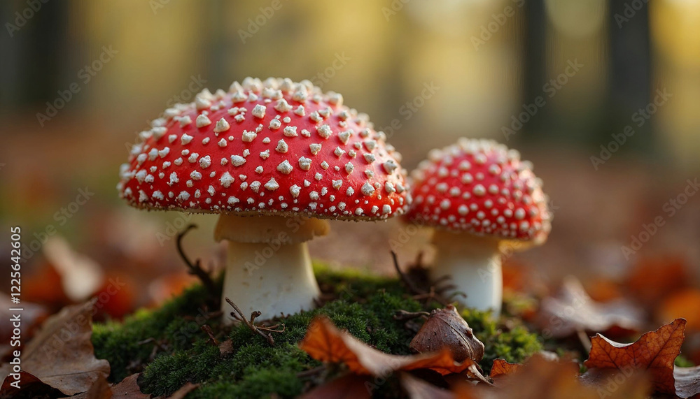 two Red fly agaric Amanita muscaria close up in autumn forest Using mushrooms in alternative and traditional medicine, topic of health and nutrition copy space two Red fly agaric Amanita muscaria close up in autumn forest Using mushrooms in alternative and traditional medicine, topic of health and nutrition copy space