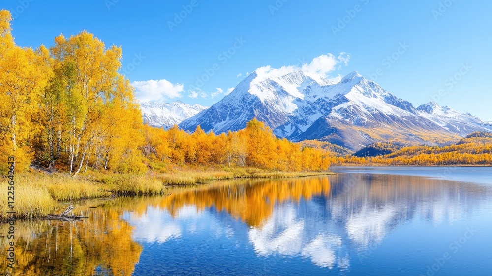 Autumnal lake reflecting snow-capped mountains; ideal for travel brochures