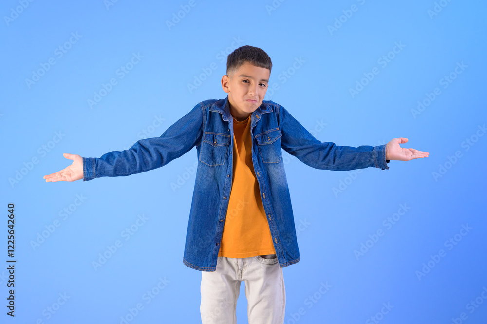 Portrait of confused boy with arms outstretched shrugging shoulders while standing on blue background Portrait of confused boy with arms outstretched shrugging shoulders while standing on blue background
