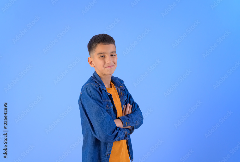 Portrait of confident cute young boy with arms crossed standing against isolated blue background Portrait of confident cute young boy with arms crossed standing against isolated blue background