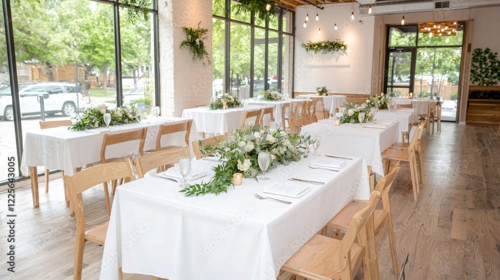 Elegant wedding reception venue, city view, floral centerpieces, wooden chairs. Ideal for event planning websites