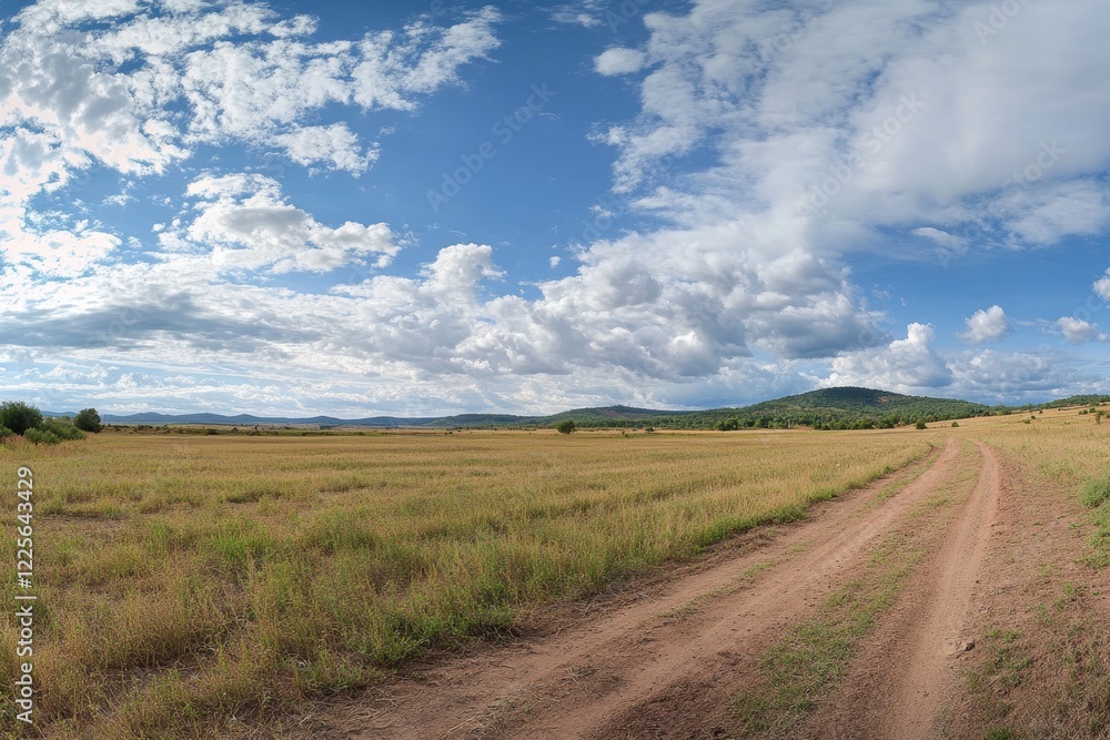 Panorama field with dirt road and cloudy sky. Panorama field with dirt road and cloudy sky.