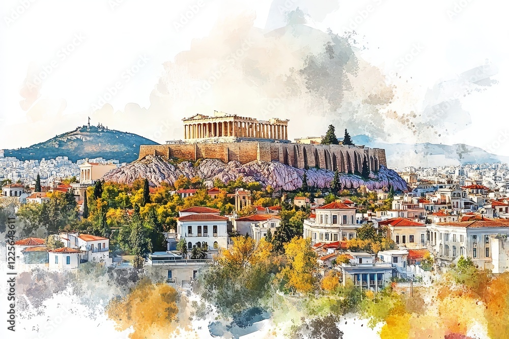 Fototapeta premium Athens Watercolor Panorama: Acropolis and Cityscape - A picturesque watercolor painting of the Acropolis, ancient ruins, and modern Athens, symbolizing history, culture, architecture, tourism