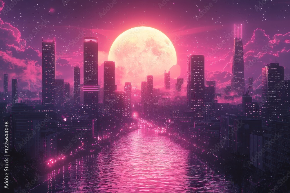 Vibrant neon cityscape with moonlit reflection in a retro-futuristic style Vibrant neon cityscape with moonlit reflection in a retro-futuristic style