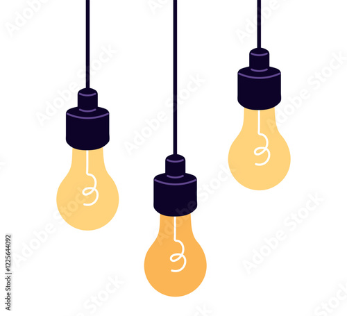 Light bulbs suspended by cords flat vector design of fixtures or ceiling pendants. Incandescent lamps and balls with yellow filaments and contact wires
