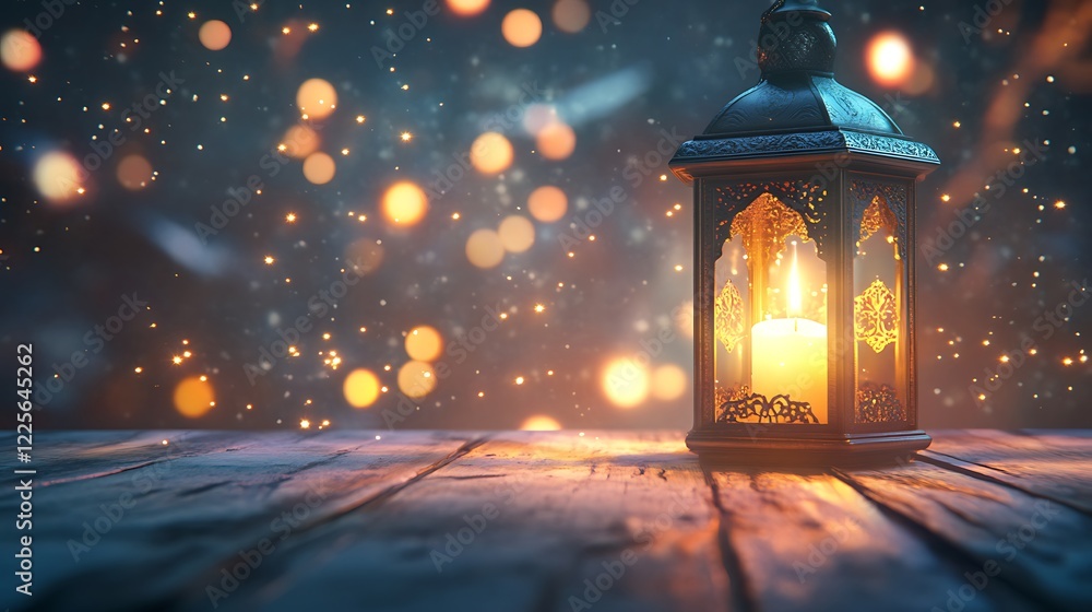 Ornate Lantern Illuminates Wooden Table With Warm Candlelight Ornate Lantern Illuminates Wooden Table With Warm Candlelight