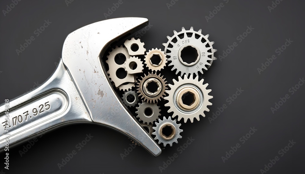 Precision Metal Gears and Wrench Teamwork Industrial Mechanic Tools Engineering Design Technology Background grey parts steel Precision Metal Gears and Wrench Teamwork Industrial Mechanic Tools Engineering Design Technology Background grey parts steel