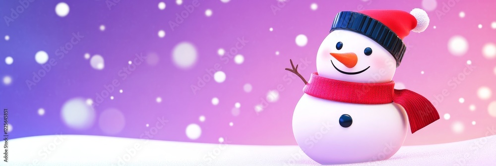 Happy Snowman Winter Scene - Adorable 3D snowman in a red scarf and hat, against a purple and pink winter background with falling snow. Perfect for holiday cards or winter themed projects. Happy Snowman Winter Scene - Adorable 3D snowman in a red scarf and hat, against a purple and pink winter background with falling snow. Perfect for holiday cards or winter themed projects.