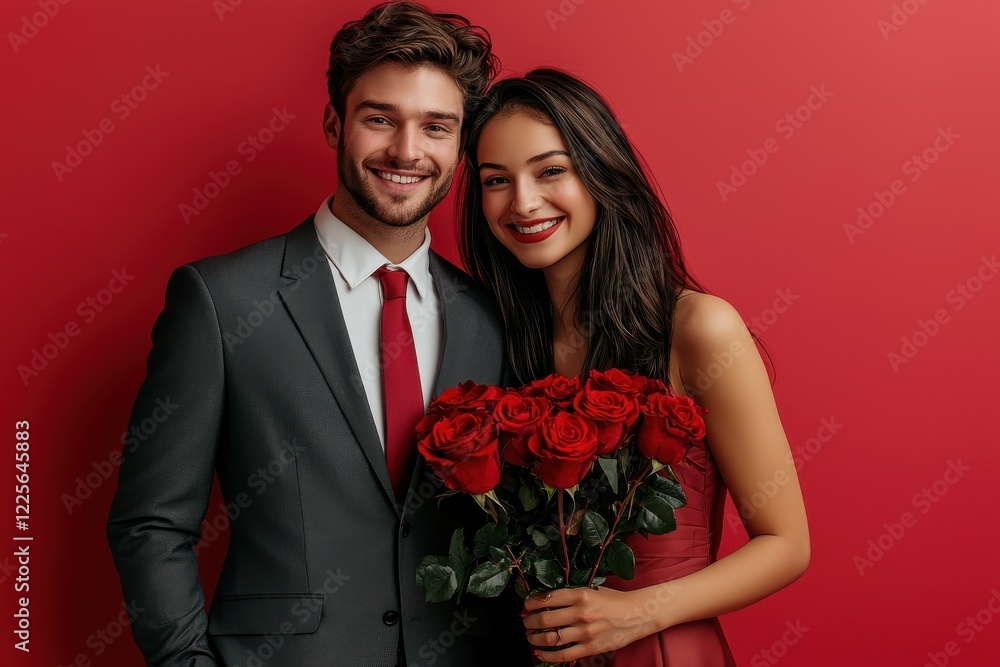 Couple Smiling Holding Red Roses Against a Vibrant Red Background Couple Smiling Holding Red Roses Against a Vibrant Red Background