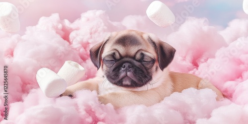 Adorable Pug Puppy Sleeping in Pink Cotton Candy Clouds