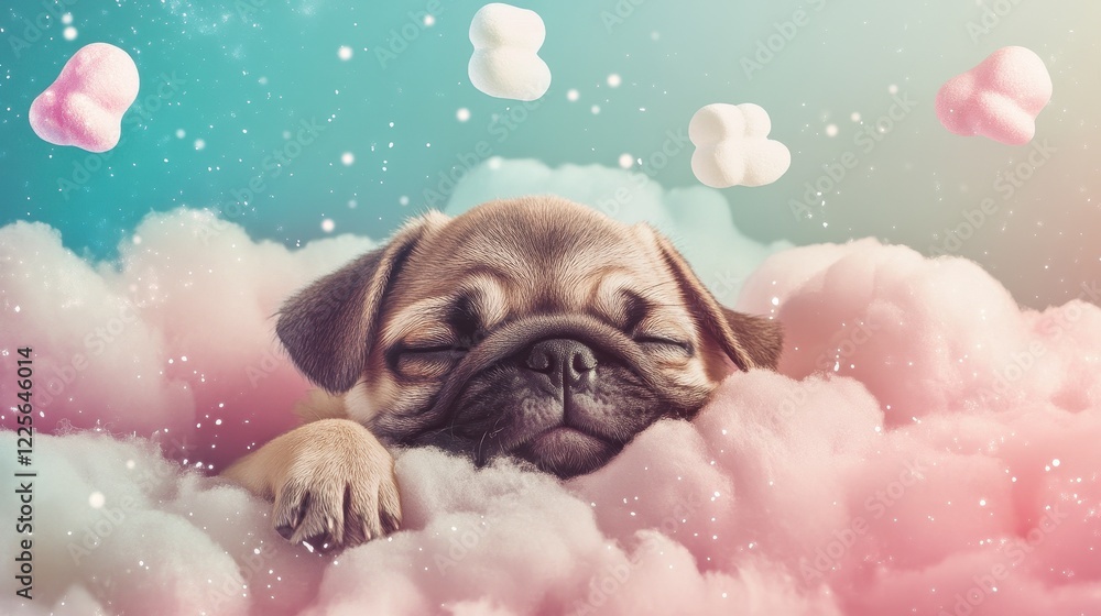 Naklejka premium Adorable Pug Puppy Sleeping Peacefully on Clouds