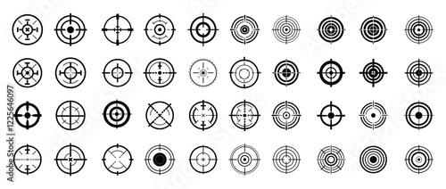 Crosshair, gun sight vector icons. Bullseye, black target or aim symbol. Military rifle scope, shooting mark sign. Targeting, aiming for a shot. Archery, hunting and sports shooting. Game UI element.