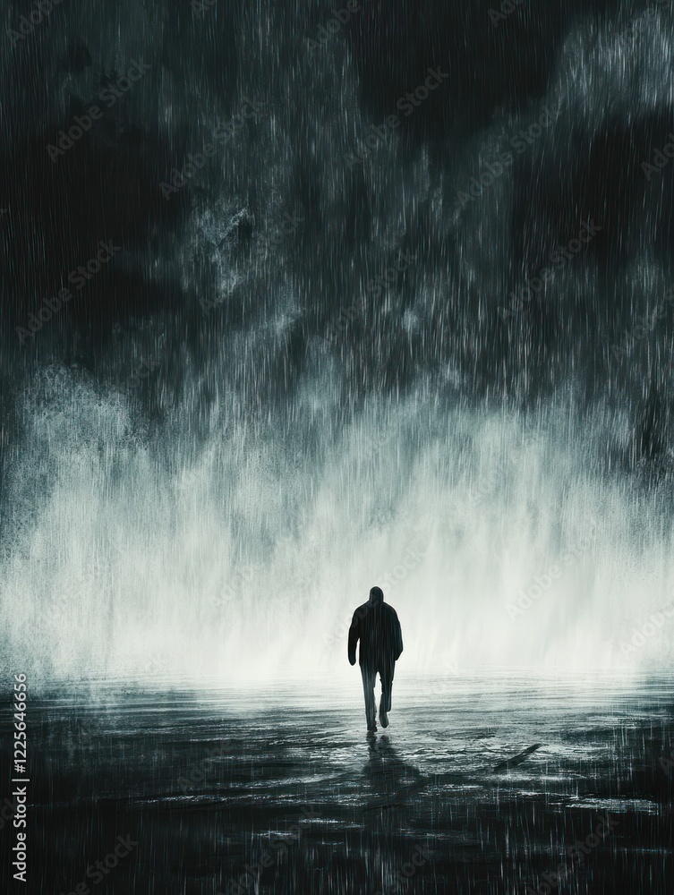 Obraz premium Solitary Stroll in the Storm: A lone figure walks into the pouring rain, under a dramatic sky. The person is facing away from the viewer, evoking a sense of solitude and foreboding.