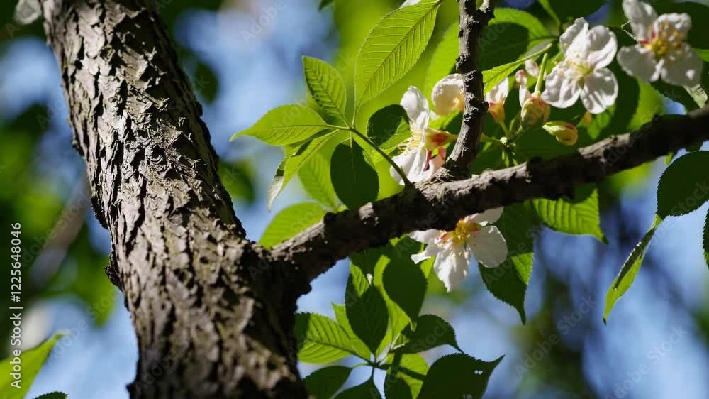 A serene 4K close-up shot capturing the delicate beauty of a tree branch in a lush forest, set against a vibrant green and blue background. A serene 4K close-up shot capturing the delicate beauty of a tree branch in a lush forest, set against a vibrant green and blue background.
