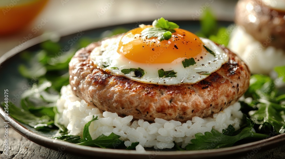 Savory Breakfast Dish with Egg, Pork Patty, and Fresh Herbs on Rice Savory Breakfast Dish with Egg, Pork Patty, and Fresh Herbs on Rice