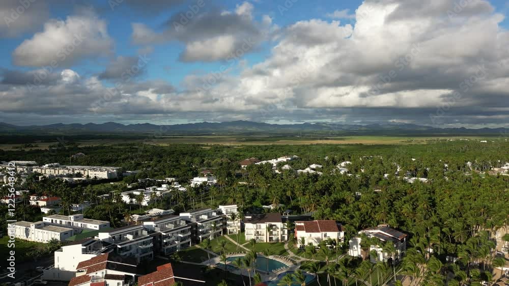 Aerial of Hotel, Resorts with Mountains behind, Dominican Republic Aerial of Hotel, Resorts with Mountains behind, Dominican Republic